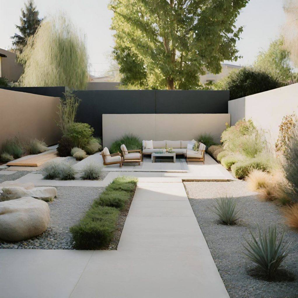 Concrete pavers, turf, rocks and drought tolerant plants. Art of Contemporary Landscape Design