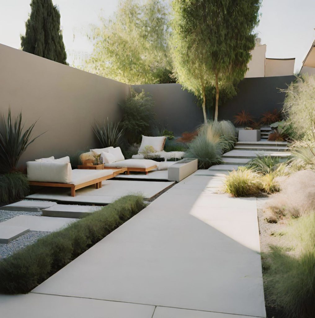 Concrete pavers, turf, rocks and drought tolerant plants. Art of Contemporary Landscape Design
