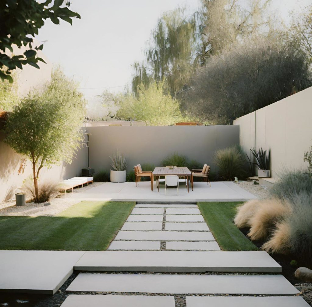 Concrete pavers, turf, rocks and drought tolerant plants. Art of Contemporary Landscape Design